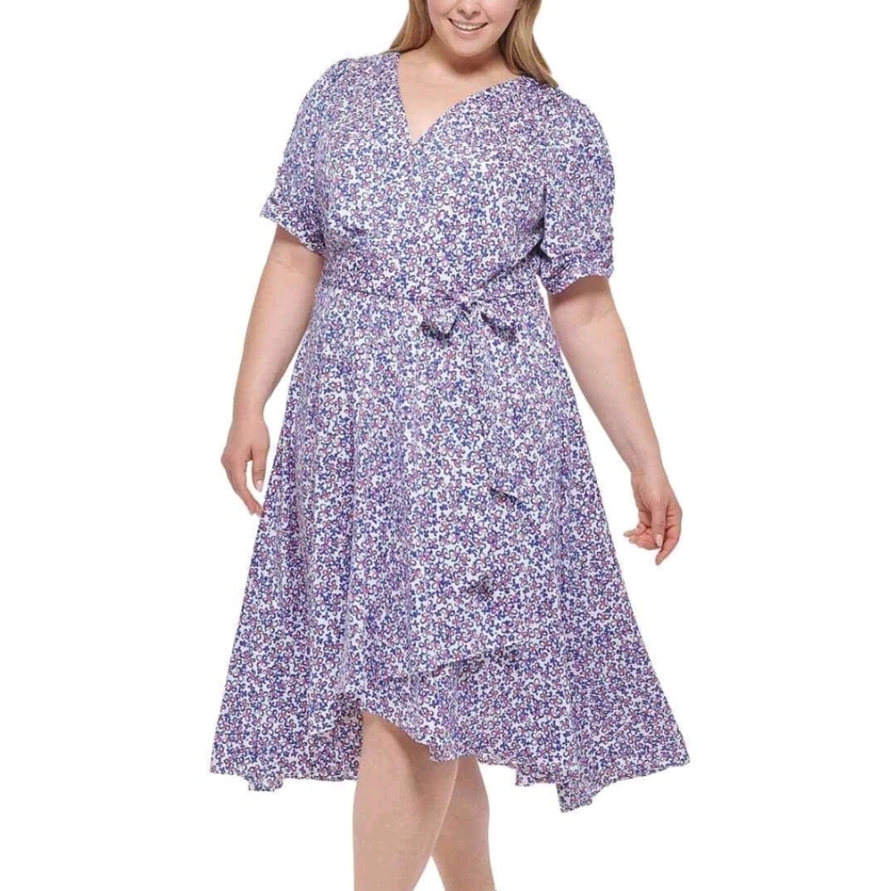 🆕️ DKNY Ditsy Floral Surplice Neckline High Low Faux Wrap Dress SIZE: 22W